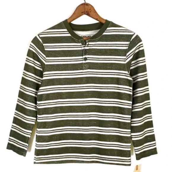 NWT Cherokee Green Stripe Long Sleeve Henley Shirt Knit Pullover NEW Boys S 6/7 - Picture 2 of 15
